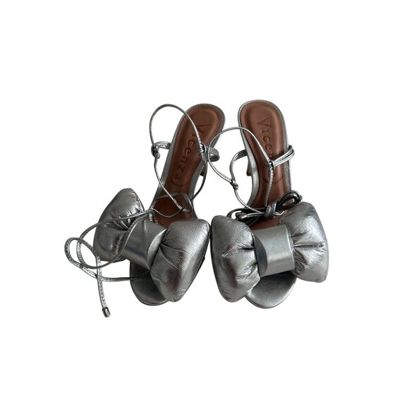 VINCENZA Silver Leather Puff Bow Laceup Heels Size 35 / US 5 NEW NWOB - Picture 9 of 9